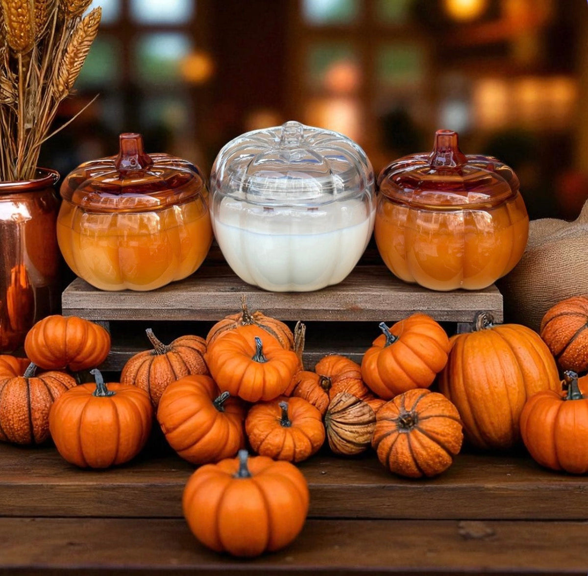 Orange Glass Pumpkin Candle with Crackling Wooden Wicks