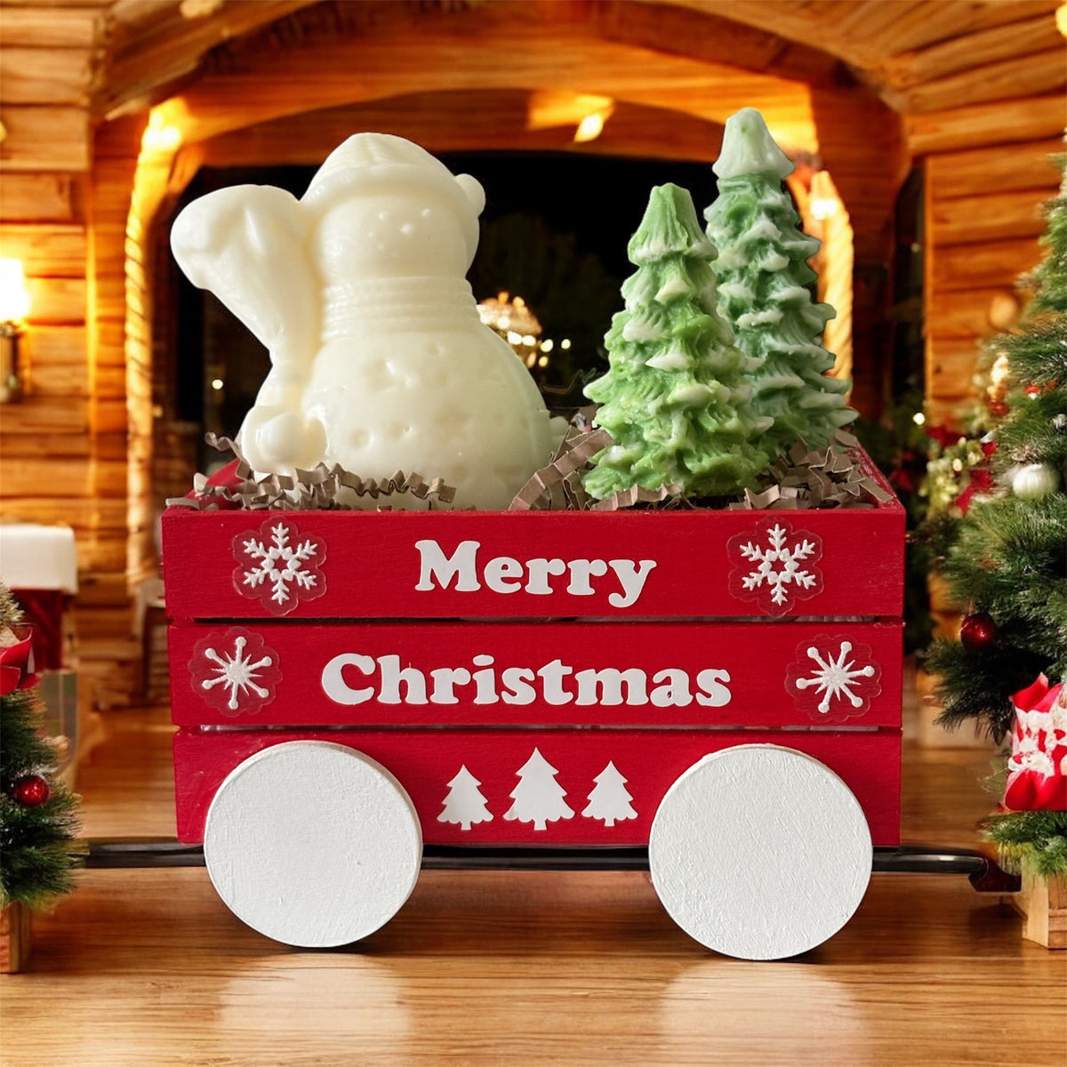 Wooden Holiday Wagon with Snowman & Christmas Trees Candles