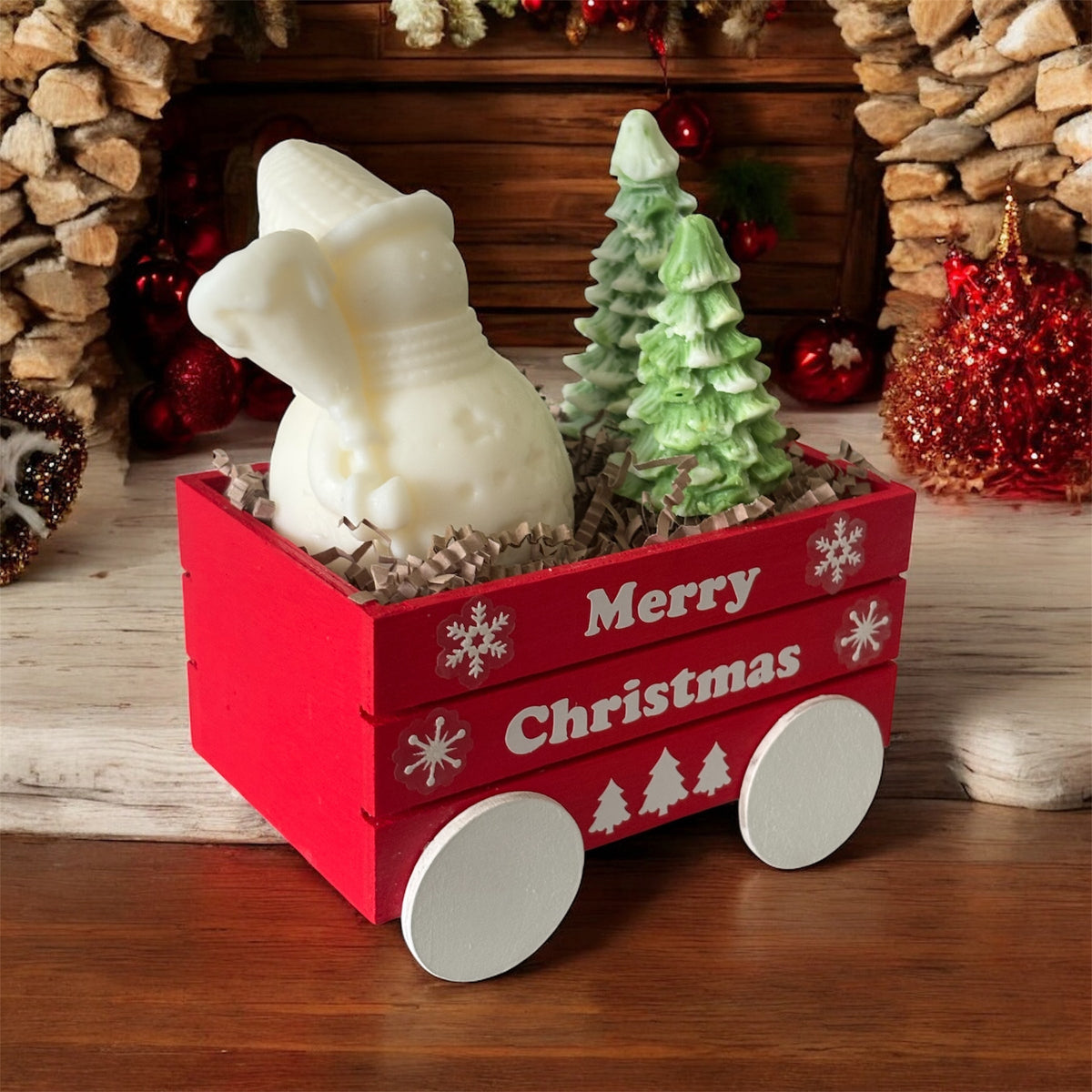 Wooden Holiday Wagon with Snowman & Christmas Trees Candles
